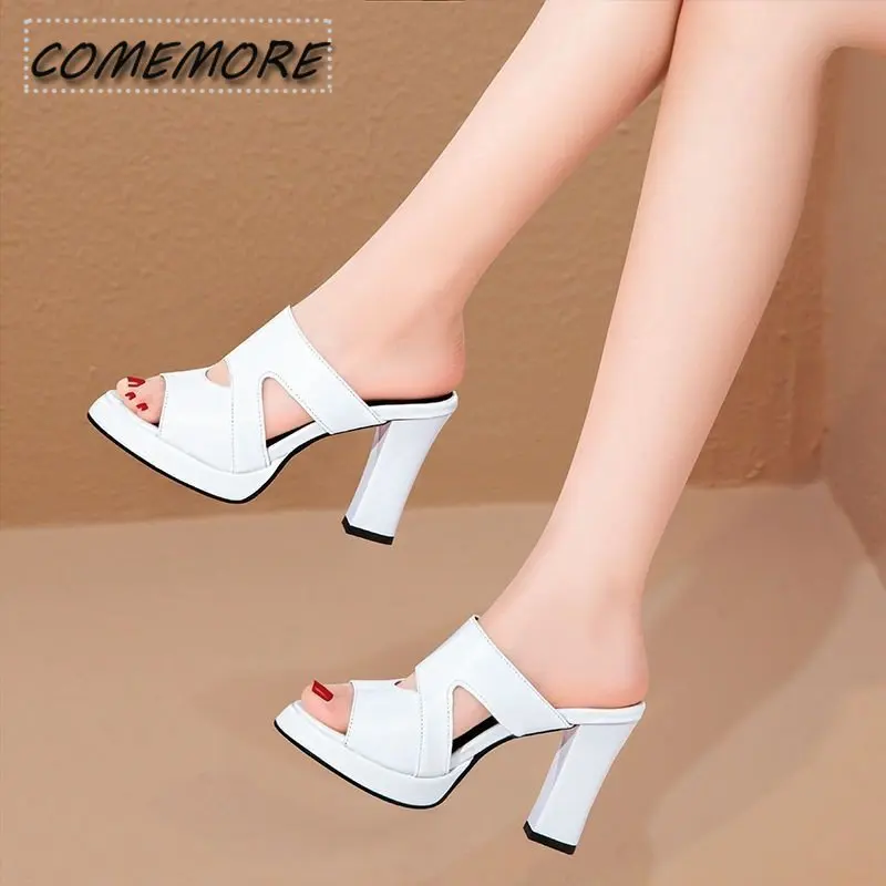 New 2023 High Heels Slippers Women Platform Shoes Summer Block Heel Leather PU Slides Ladies Office Casual Fashion Plus Size 43