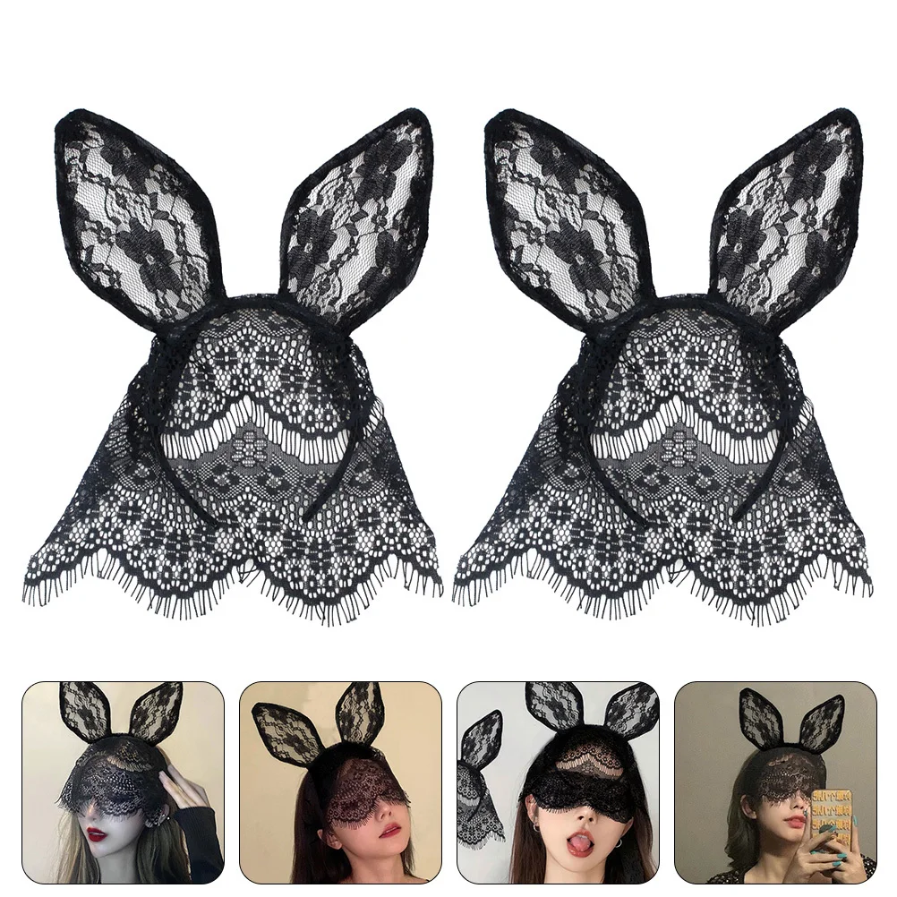 

2Pcs Lace Rabbit Cat Ear Veil Hairbands Animal Ear Hair Hoops Party Costume Kids Cosplay Headwear Veil Hair Hoops