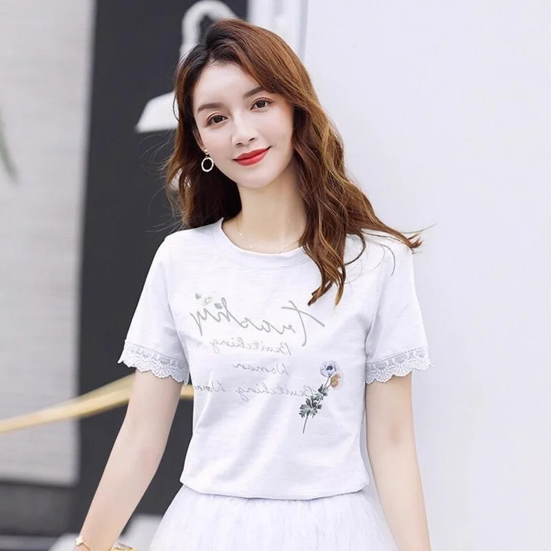 

Fashion Temperament Women Coat Loose Cotton Lace Short Sleeve T Shirt Korean Style Summer White Girl Top