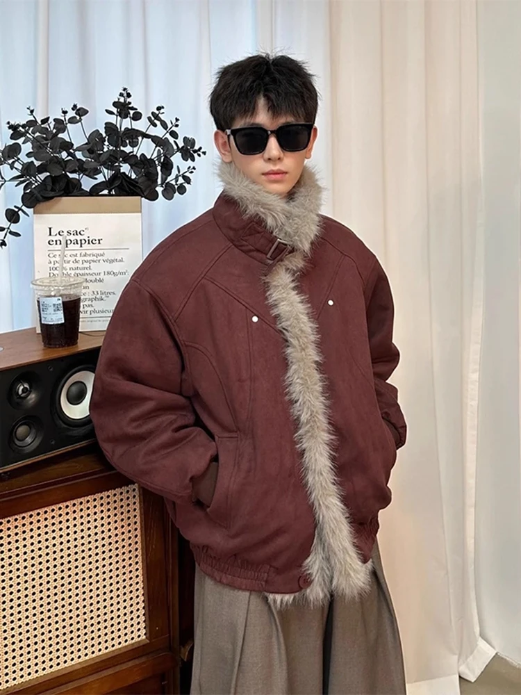 

Ankela Red Retro Cotton Jaet Men's Winter Thiened Warm Coat with Fur Collar Stand Fit Casual Youth Polyester Fiber