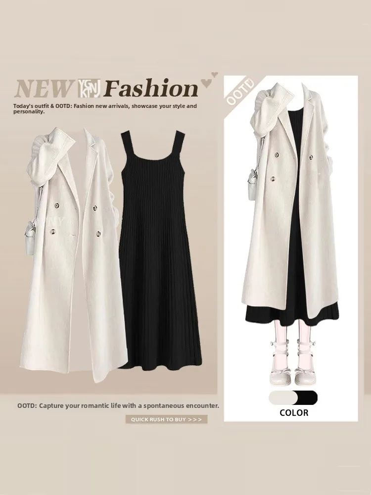 Koreanische Sle Lange Mantel Dr Set frauen Faion Abnehmen Winter High-End-Gefühl Einfache Design Off-schulter kleid Outfit