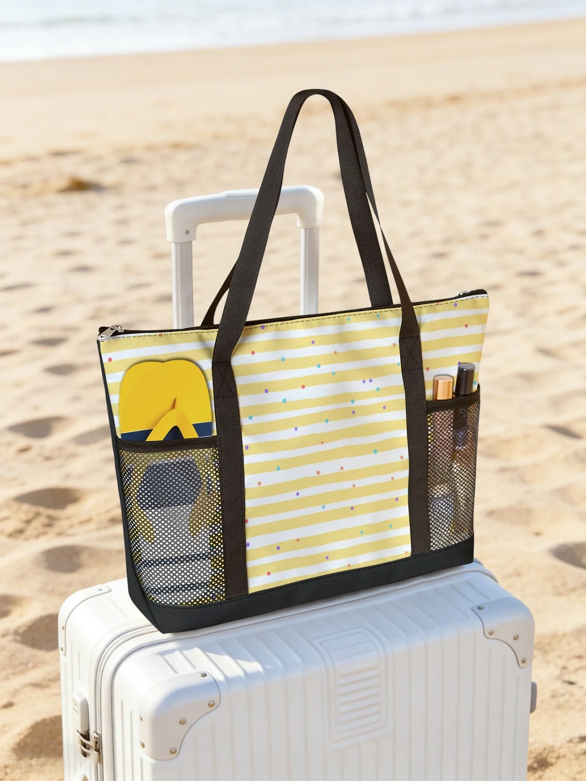 

Yellow and white striped handbag, large capacity women's beach bag, waterproof travel shoulder bag with mesh pockets