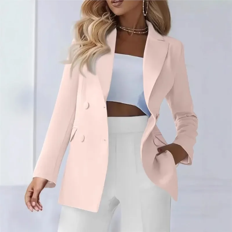 موضة جديدة لربيع وخريف 2025 بدلة ترفيهية بأكمام طويلة مزدوجة الصدر وطية صدر صلبة ملابس نسائية احترافية للتنقل