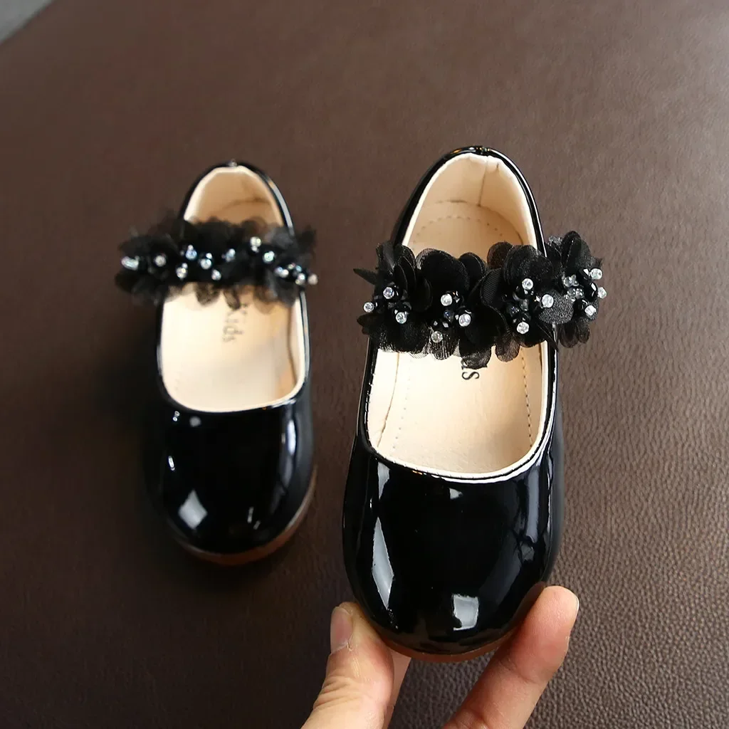 Toddler Infant Kids Girl Lace Crystal Bright Princess Party Leather Shoe Dance Shoe Solid Hook & Loop Children\'s Shoes For Girls
