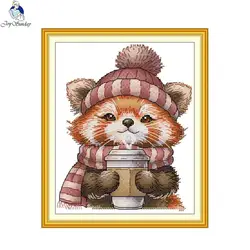 Joy Sunday Cross Stitch Kits Little Panda Drinking Coffee Home Decor Painting Embroidery Set DMC Printed Canvas