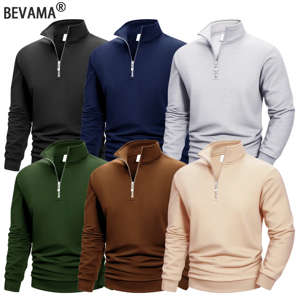 Autumn Men's Quarter Zip Up Sweatshirt Casual Mock Neck Pullover Solid Color Slim Fit Sweaters Outdoor Sport Stand Collar Tops