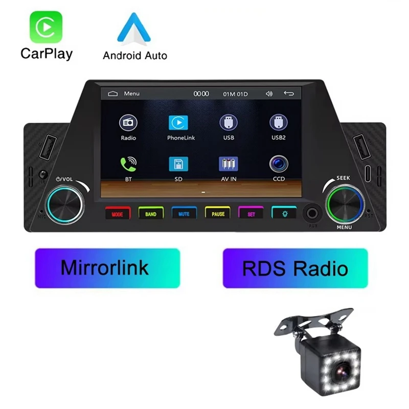 1 Din 4.7Inch Car Radio Wireless Carplay Android Auto Mirrorlink RGB BT USB Type-C Charging FM Stereo Reversing Camera