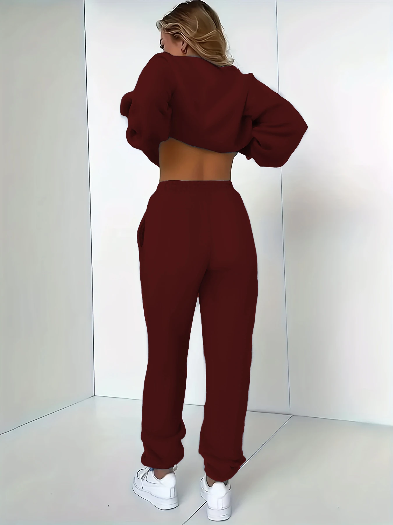 Women Plus Size Wine Red Fleece Lined 2 Piece Outfit Crew Neck Oversized Sweatshirt Drawstring Jogger Pants Daily Casual Loungew