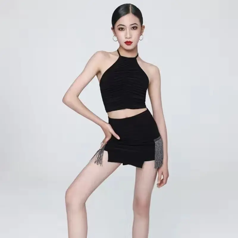

Child Latin Dance Dress Set Girls Black Sleeveless Top Fringed Short Skirt Training Suit Cha-cha Samba Rumba Dance Costume 2026