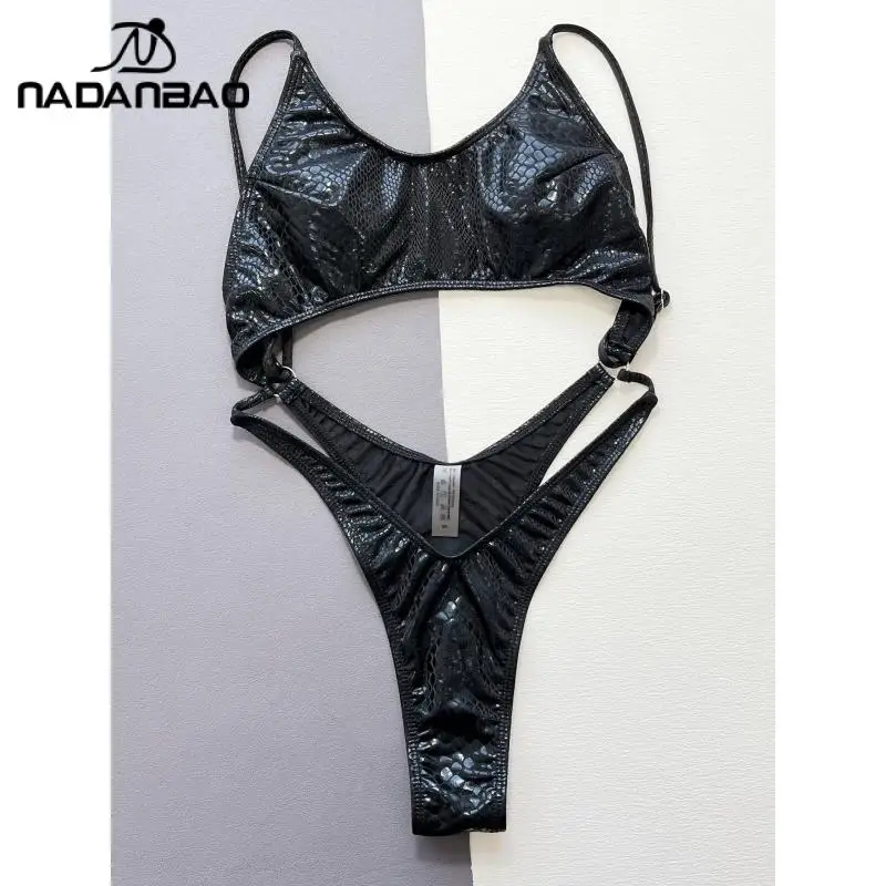 Nadanbao Shiny Black Snake Pattern One-Piece Swimsuit Sexy backless Women's Bikini Swimwear Seaside Party Vacation Beachwear