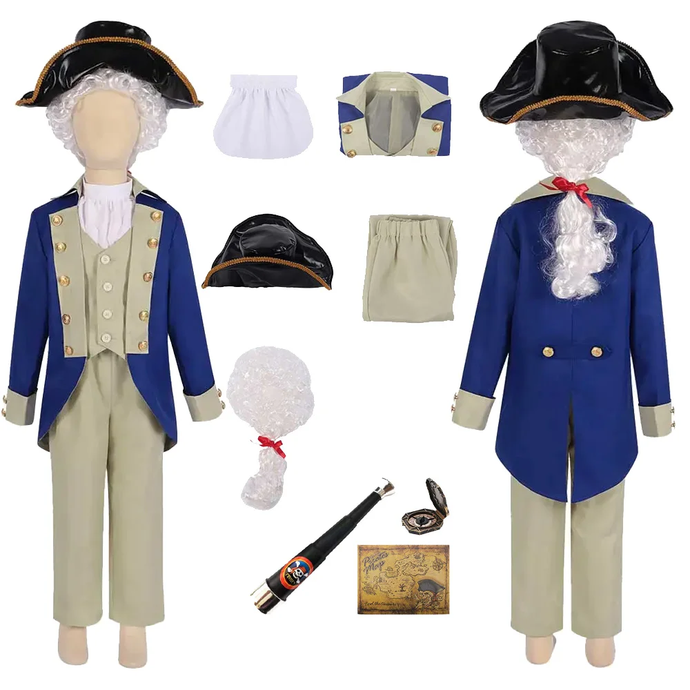 Kids Children Pirate Cosplay President Costume Stage Performance George Roleplay Uniform Wig Hat Halloween Carnival Party Suit