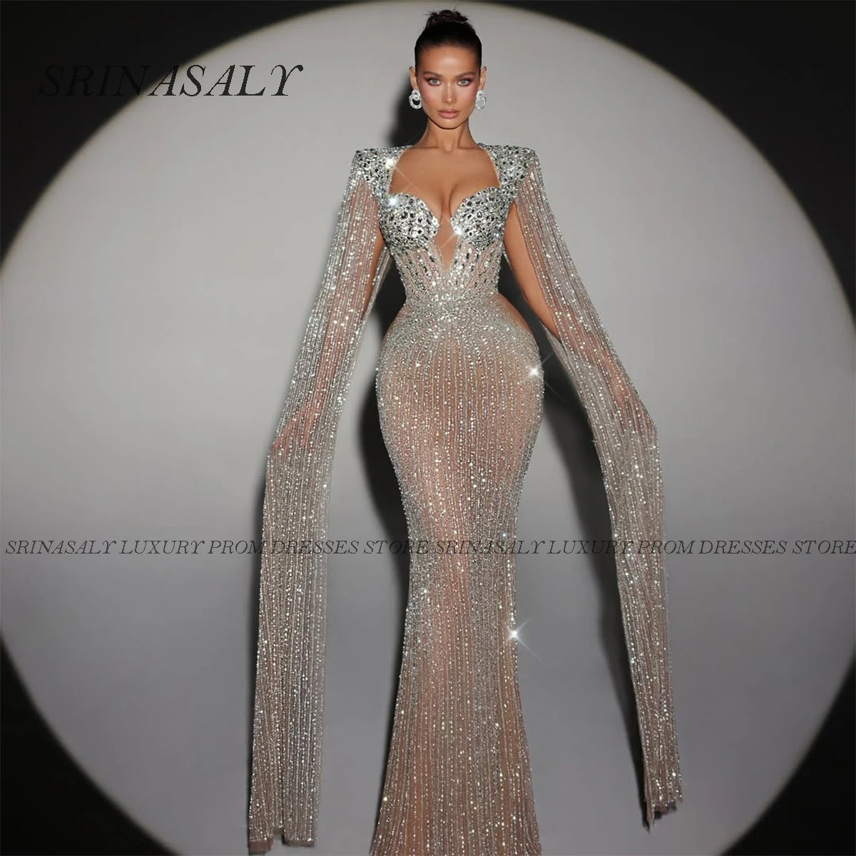 Sparkly Crystal Long Prom Dresses for Girls Tassel Mermaid Evening Party Dinner Gowns Customized Sequin vestidos de gala