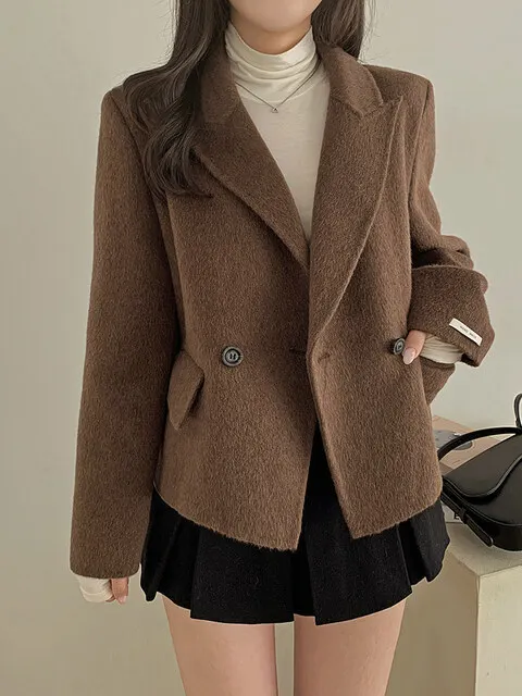 Długi płaszcz wełniany z szerokimi klapami, luźny krój, retro, elegancki, modny, damski płaszcz na zimę, idealny do pracy.