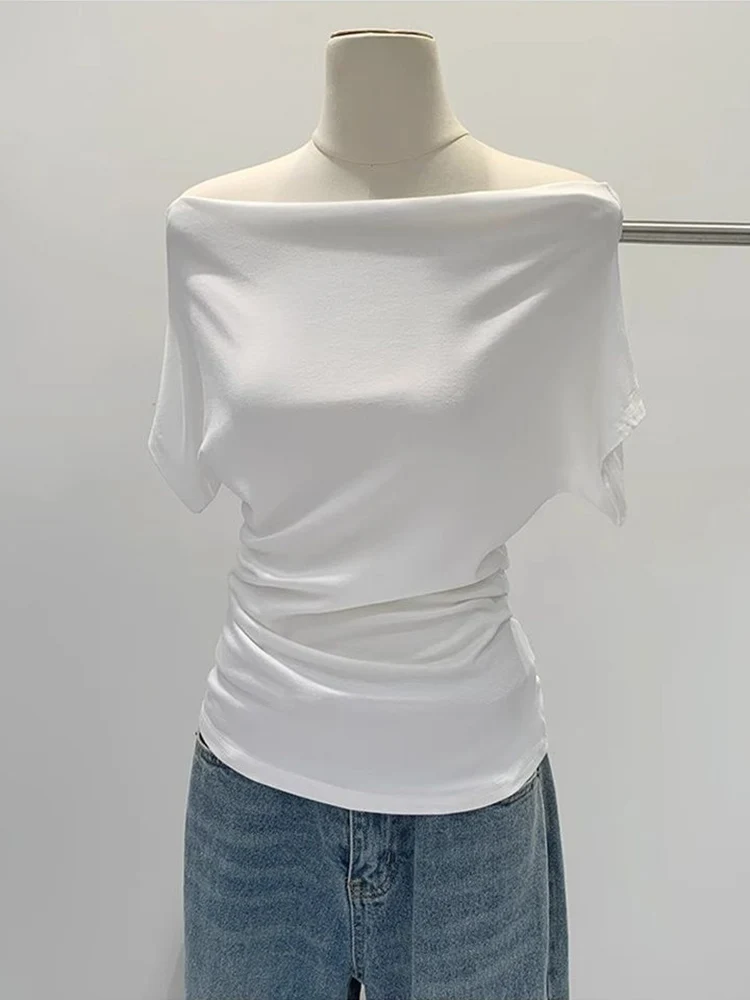 Basic Solid Color Cowl Neck Short Sleeve T-shirt For Women Figure Flattering Side Gathered Waist Soft Casual Off Shoulder Blouse