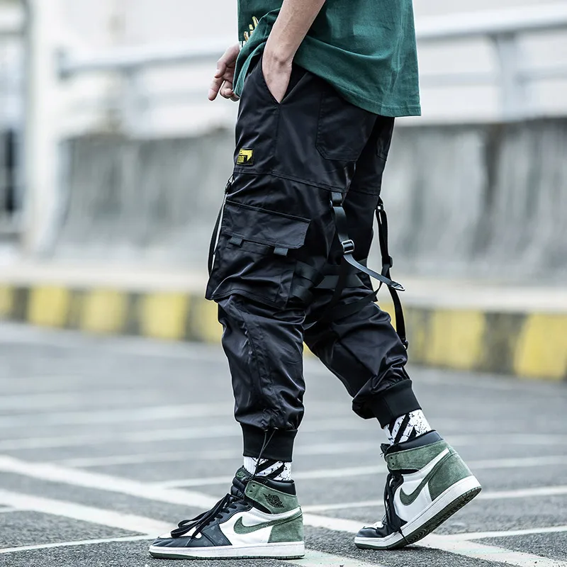 

Harajuku jogger Hip hop Ribbon paratrooper Men's clothes multi-pocket loose cargo pants tide foot overalls tide Street dress