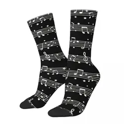 Funny Crazy Sock for Men White On Black Hip Hop Harajuku Music Notes Happy Pattern Printed Boys Crew Sock Novelty Gift