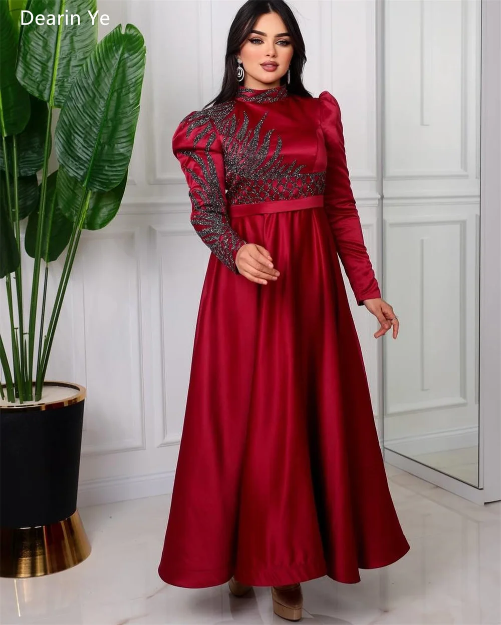 Customized Saudi Arabia Dearin High Collar A-line Ankle Length Skirts Draped Embroidery Bespoke Occasion Dresses Evening Dress F