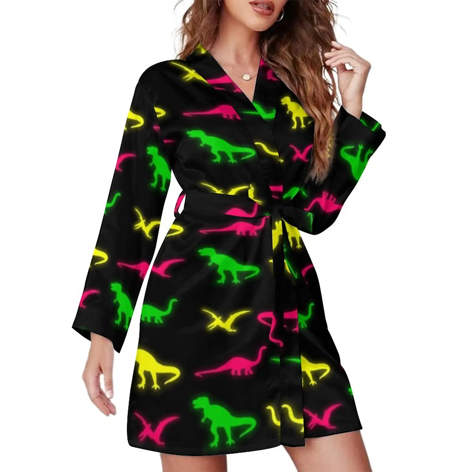 

Neon Dinosaurs Pajama Robe Women Colorful Animal Pinrt Casual Nightgown Long Sleeves V Neck Pattern Pajamas Robes Kawaii Dresses