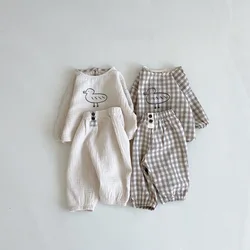 Autumn New Baby Cotton Linen Clothes Set Boy Girl Long Sleeve T Shirt + Pants 2pcs Suit Newborn Cute Cartoon Little Duck Outfits