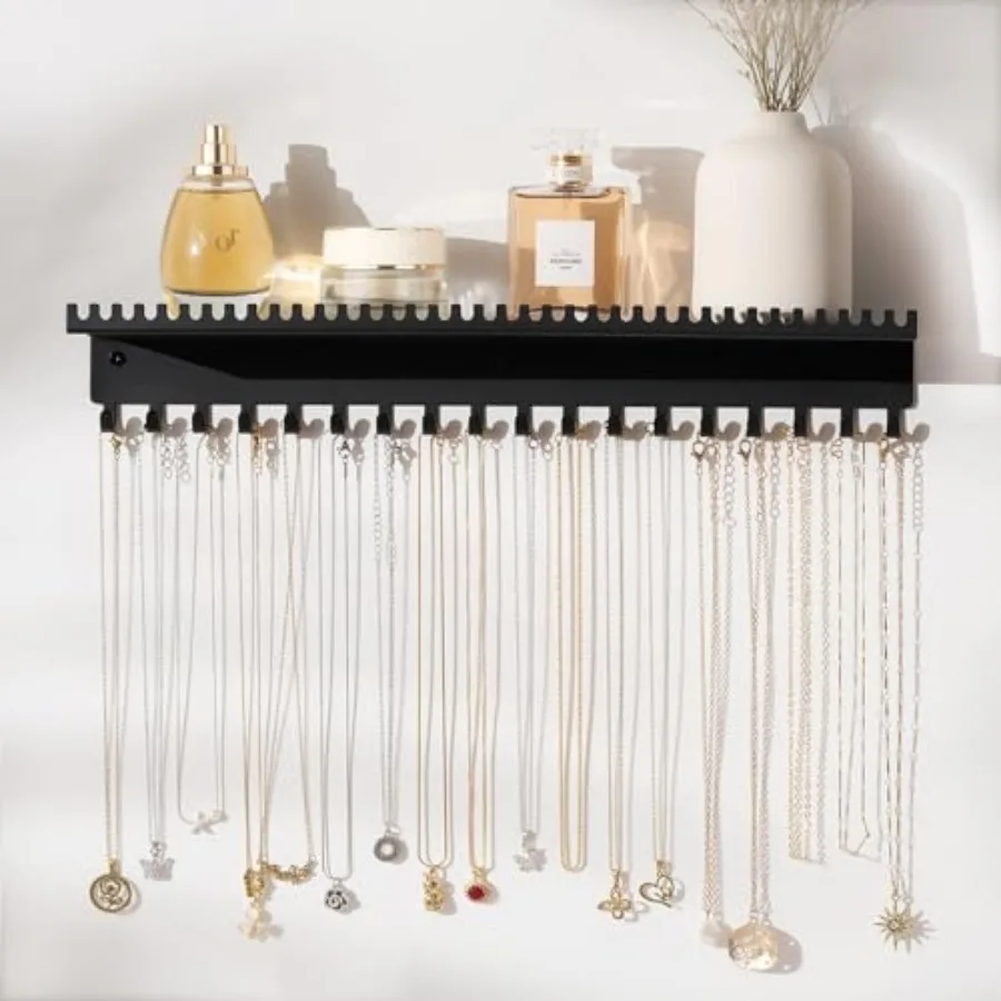 

Necklace Holder Wall Hanging Organizer: Wall Mounted Jewelry Shelf with 56 Hooks and Tray, Display Hanger for,Girls and Women,