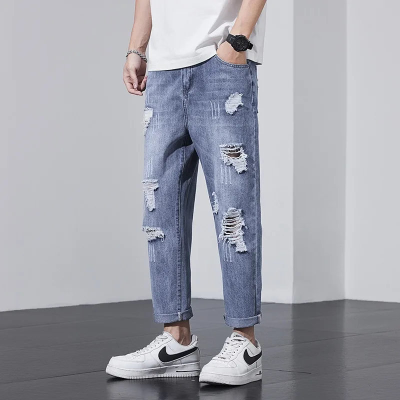 

Мужские рваные джинсы размера плюс 40, 42, свободные летние брюки из чистого хлопка до щиколотки, популярные шаровары-карандаш, мужские джинсовые брюки