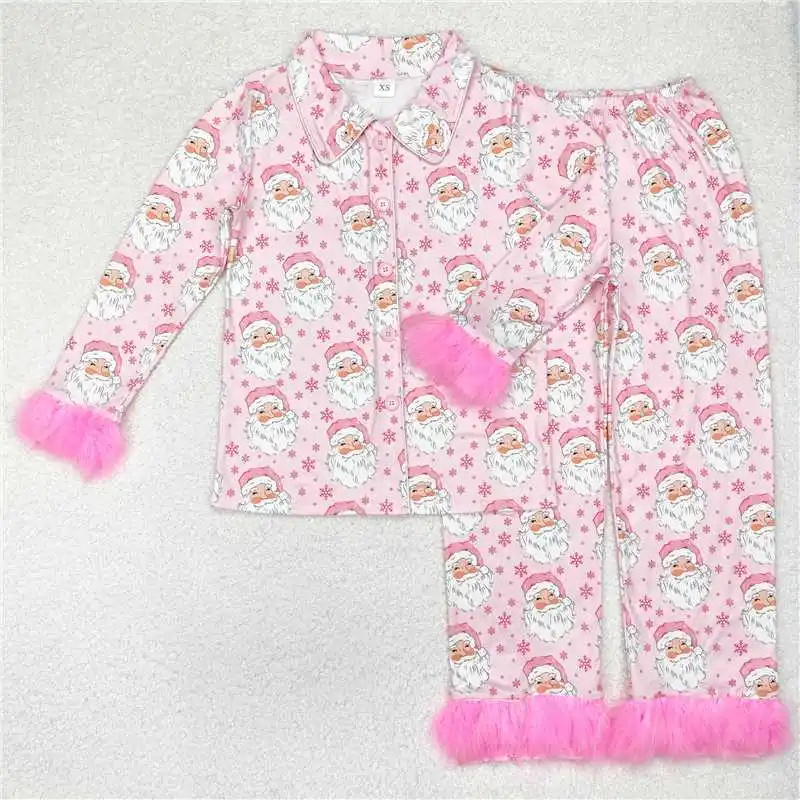 Różowy świąteczny komplet piżamy dla dorosłych kobiet z motywem Świętego Mikołaja i choinki, zapinany na guziki, z spodniami, wykończony futerkiem, wygodna odzież do spania.