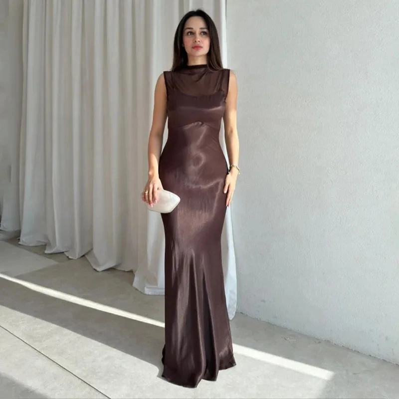 2026 New Solid Color Sleeveless High Neck Pleated Design Bodycon  Long Dress Fashion Elegant Temperament Womens Outfit