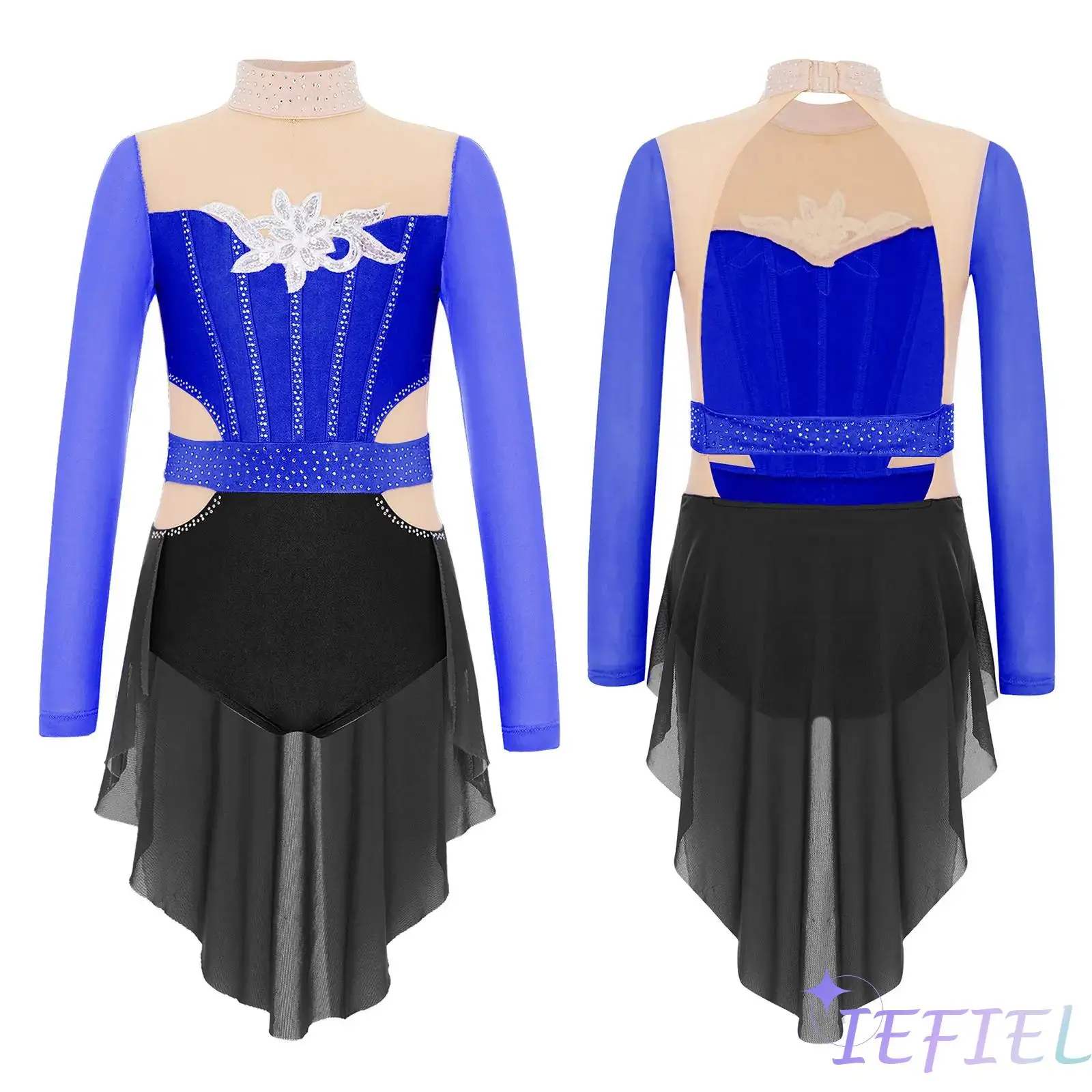 

Pretty Girls Elegant Latin Jazz Dance Costume Long Sleeve Keyhole Back Rhinestones Latin Dance Skirted Leotard Latin Dancewear