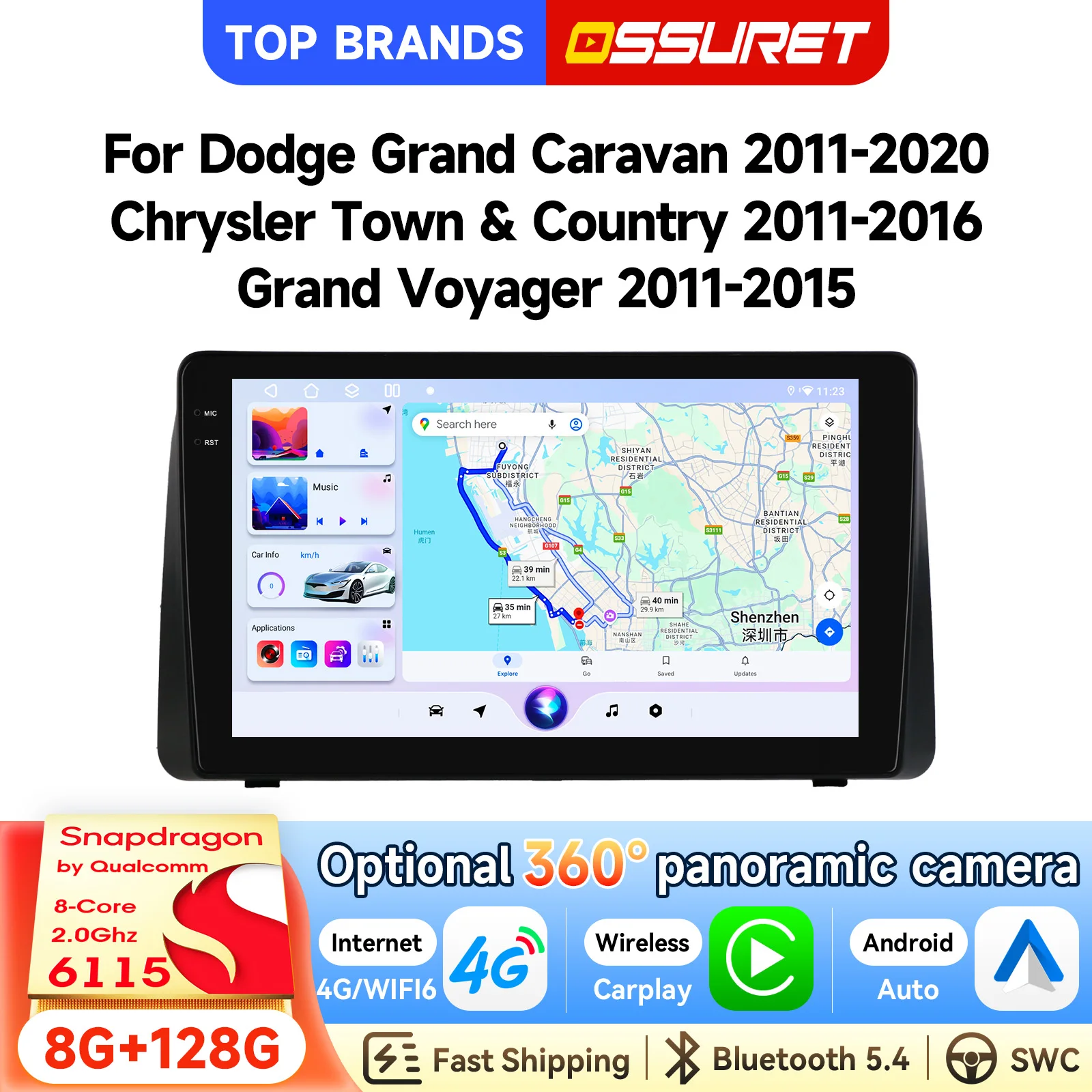 OSSURET Consegna Rapida Autoradio Android 15 da 9 Pollici 2 Din per Dodge Grand Caravan 2011-2020/Chrysler Town&Country 2011-2016/Grand Voyager 2011-2015 Unità Principale Carplay Android Auto Lettore