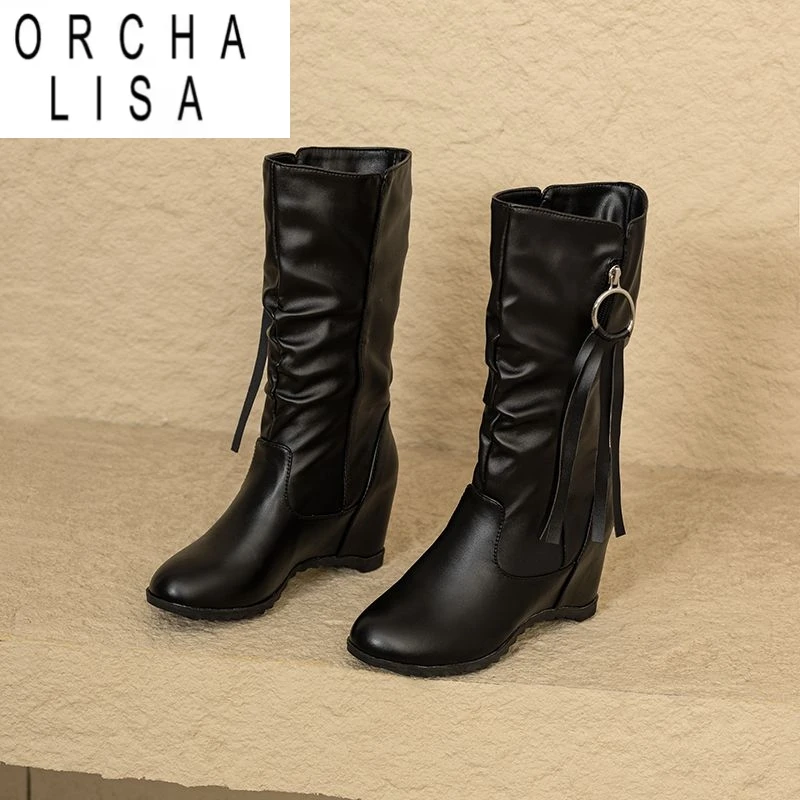 

ORCHA LISA Sweet Girls Сапоги до середины икры с круглым носком, увеличенный каблук 6 см, танкетка, большой размер 42, 43, 44 с кисточками, модные женские ботильоны для свиданий