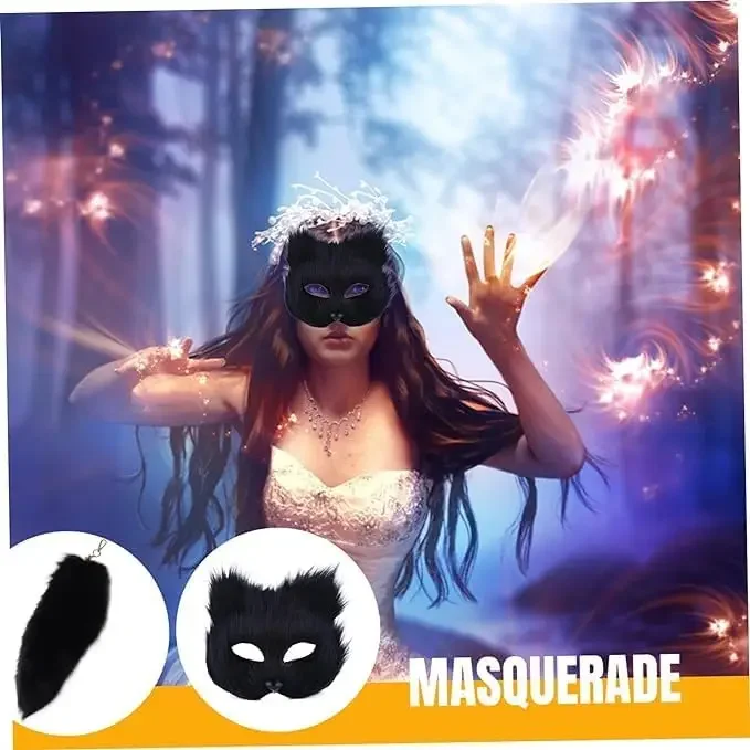 Maschera termica maschera di volpe in pelliccia sintetica, maschera termica e coda per ragazza Furry Cat Fox Wolf Mask per le donne Costume di Halloween