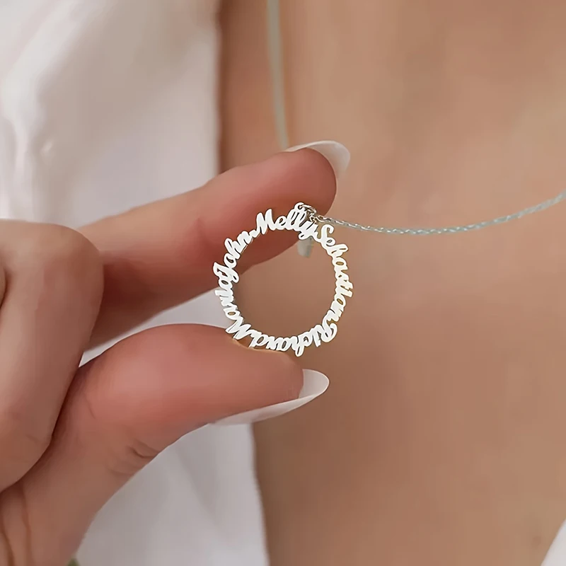 Custom Multi Name Round Pendant Necklace Personalized Family Members Name Choker Stainless Steel 0 Allergy Jewelry Birthday Gift