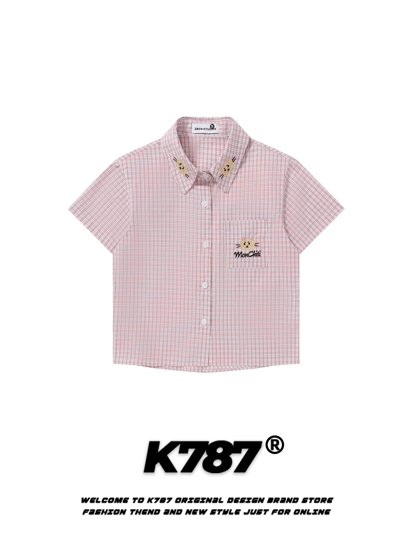 

K787 Sweet Spicy Faionable Young-looking Plaid ort-sved irt Women's Summer Embroidery oulder-length Casual o...