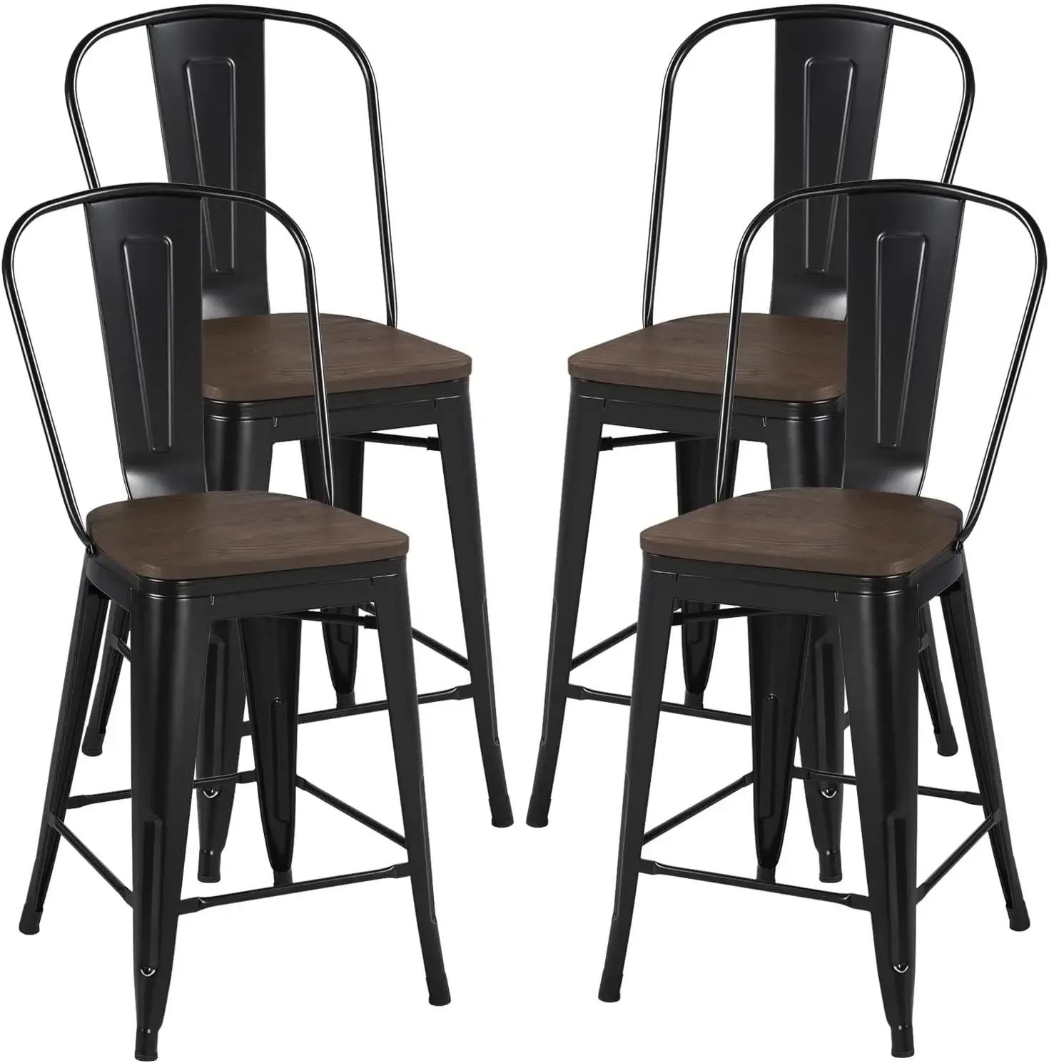 24Inch Seat Height Dining Stools Chairs with Wood Seat/Top and High Backrest, Industrial Metal Counter Height Stool, M