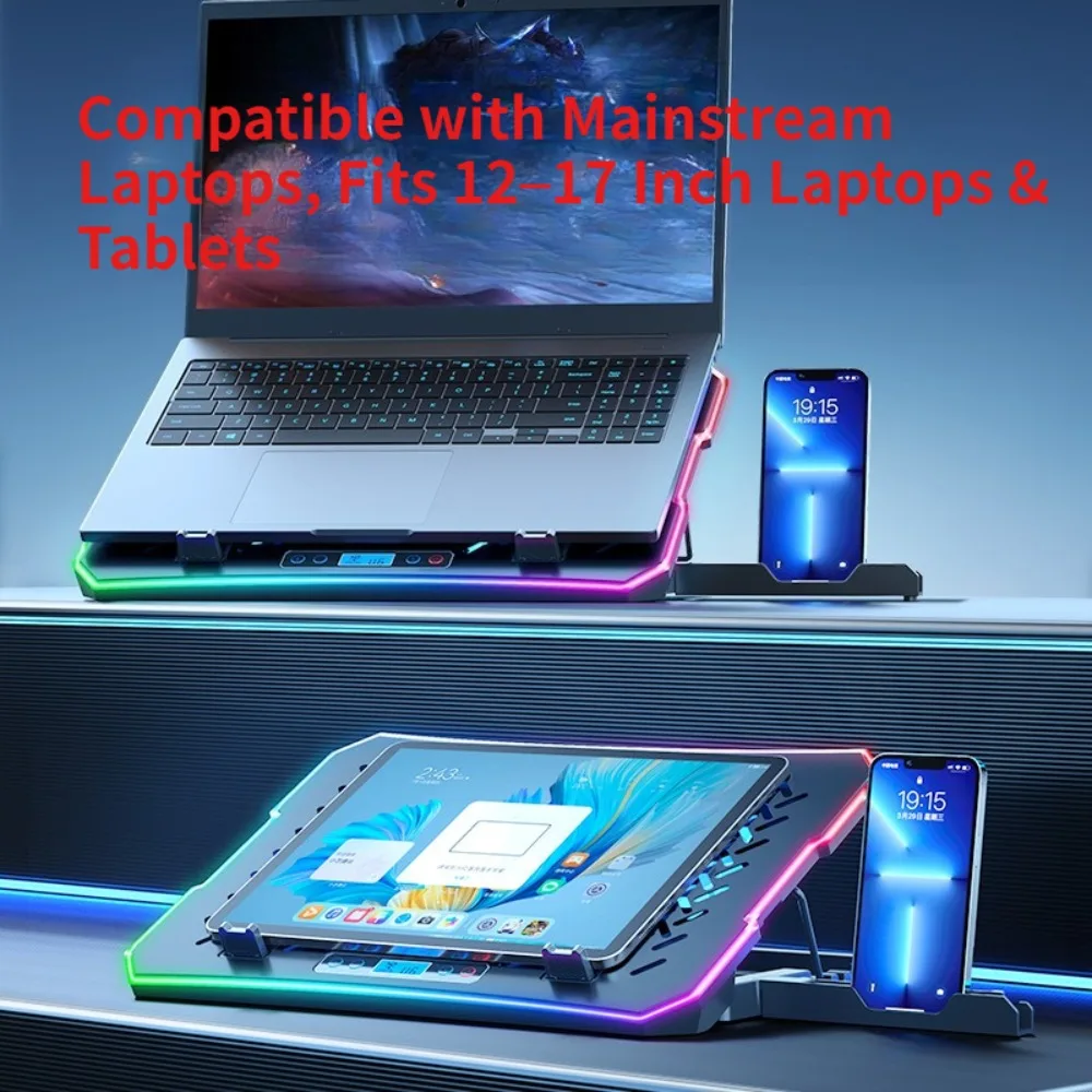 Upgraded Gaming Laptop Cooling Pad 12-Core Fast Cooling, HD LCD Screen 7 Height Adjustment Fits 12–17 Inch Laptops and Tablets