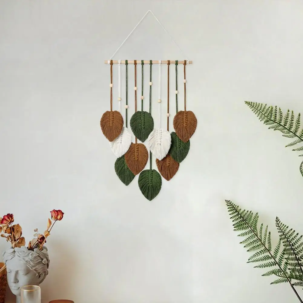 Boho Design Tapestry Bohemian Style Leaf Shape Wall Hanging Tapestry with Wooden Bead Decor Handcrafted Home Hotel Wall for Dorm