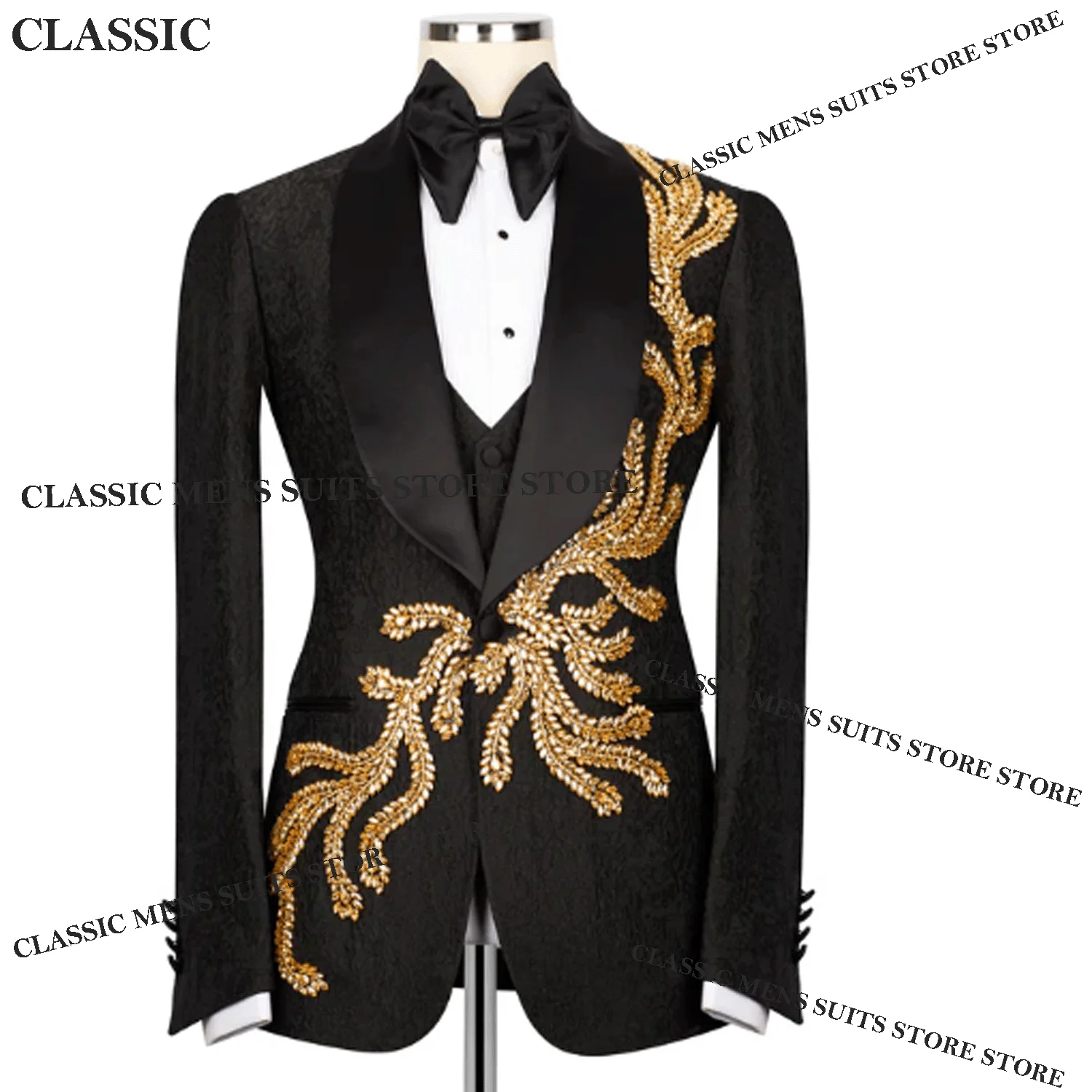 

Customized Appliques Beaded Men Suits 3 Pieces Sets Handmade Male Prom Blazer Groom Tuxedos Slim Fit Wedding vestidos de novia
