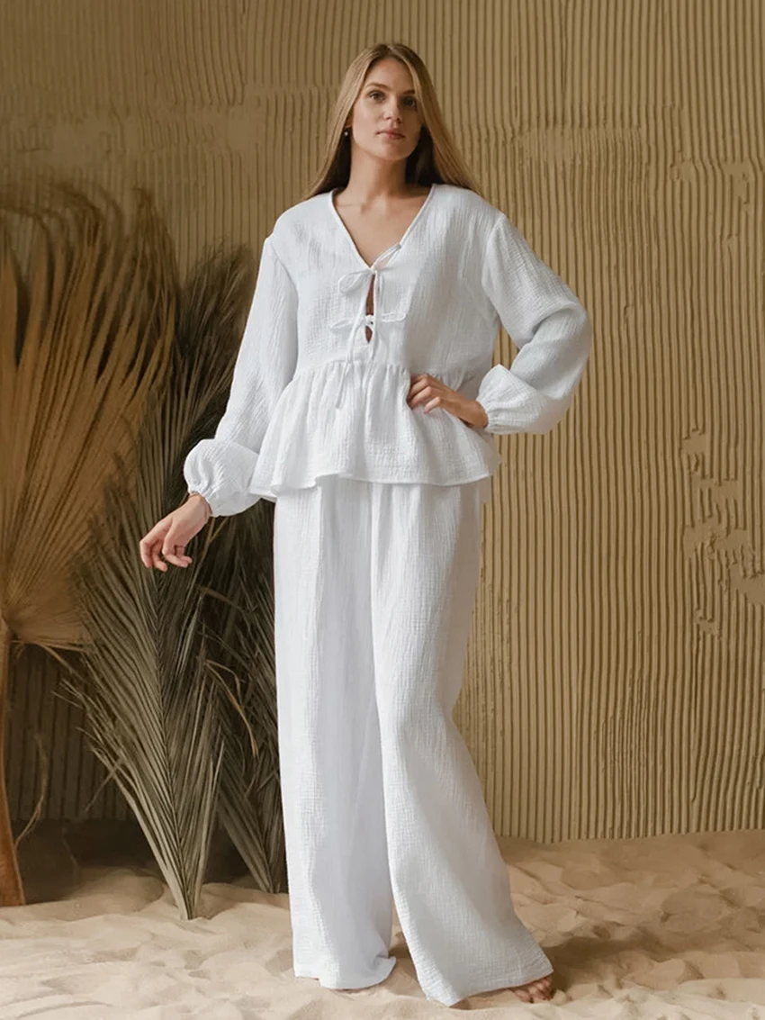

Marthaqiqi Casual Ladies Nightwear Suit Lace Up Sleepwear Long Sleeve Nightie V-Neck Nightgowns Pants Cotton Female Pajamas Set