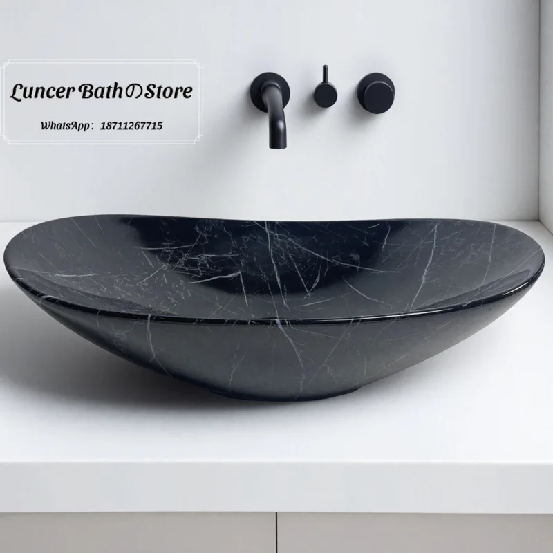 Black marble-patterned countertop basin, wash basin, round ceramic face basin, bathroom, hotel, guesthouse, balcony basin