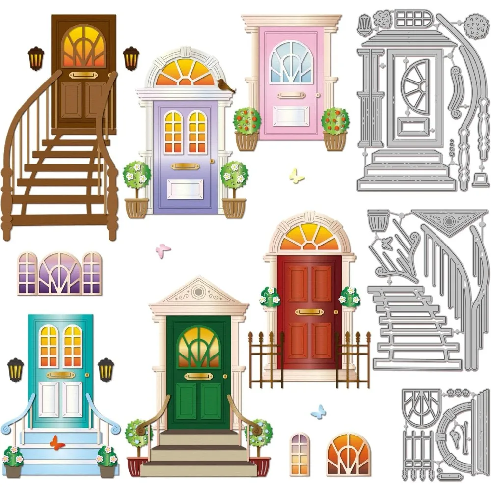 Treppen-Stanzformen für die Kartenherstellung, Haustür, Fenster, Stanzformen, Topfpflanze, Metall, gestanzte Stanzform für DIY Scrapbooking, Prägung