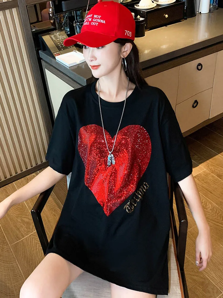 Hot Drilling Love Black T-shirt Female Short Sleeve Tshirt Loose Casual Cotton Top Lady 2022 New Summer T Shirts 40-150KG