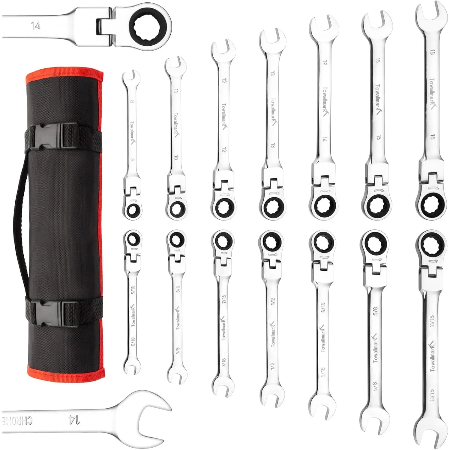 14-teiliges Ratschenschlüssel-Set, metrischer Flexkopf, Ring-Maulschlüssel-Set, SAE 5/16 Zoll, 11/16 Zoll und metrisch, 8–16 mm, 72 Zähne, mit Beutel