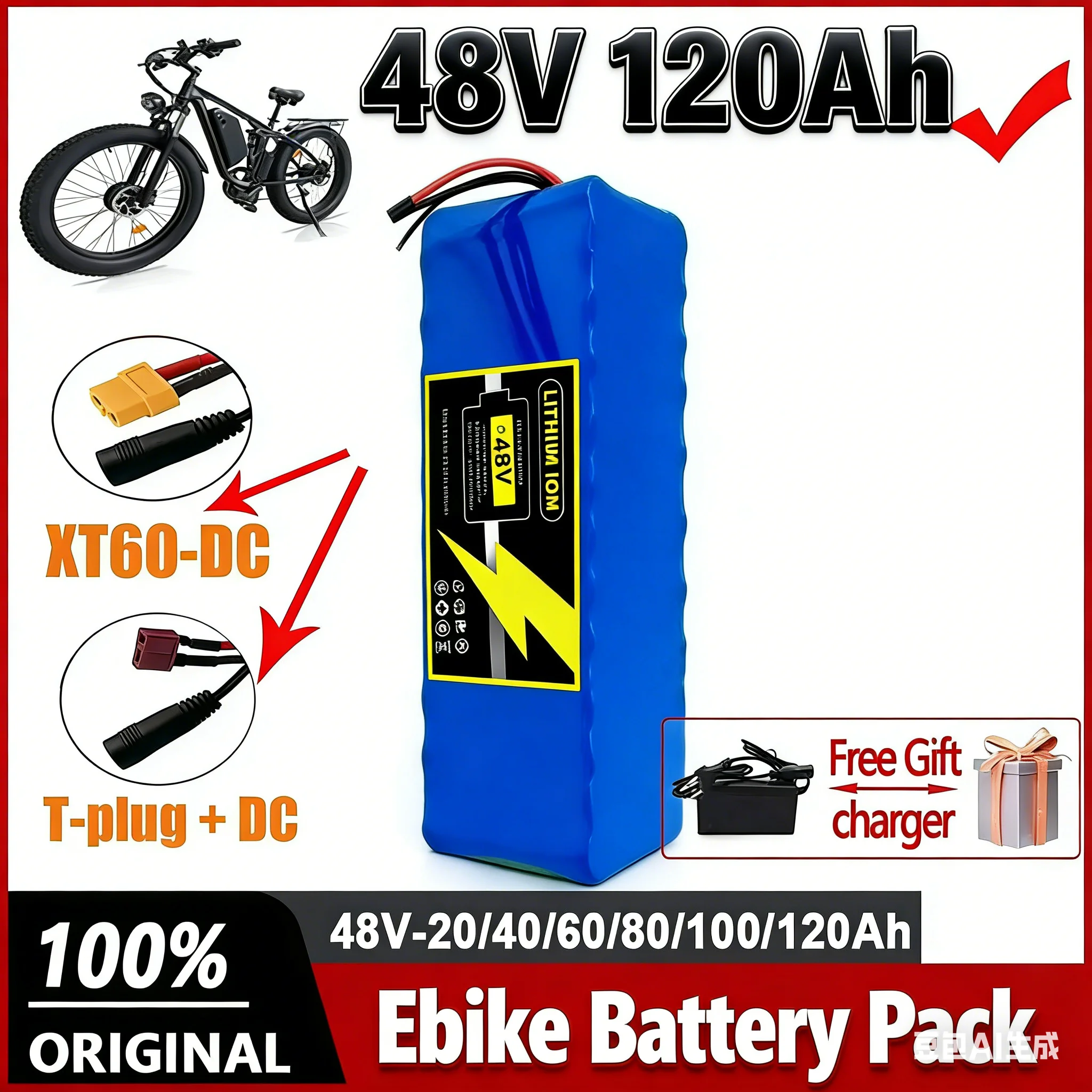 

New 48V 120000mAh 2000W 13S3P XT60 48V Lithium-ion Battery Pack, Lithium Iron Phosphate Battery 120Ah and 54.6V Charger