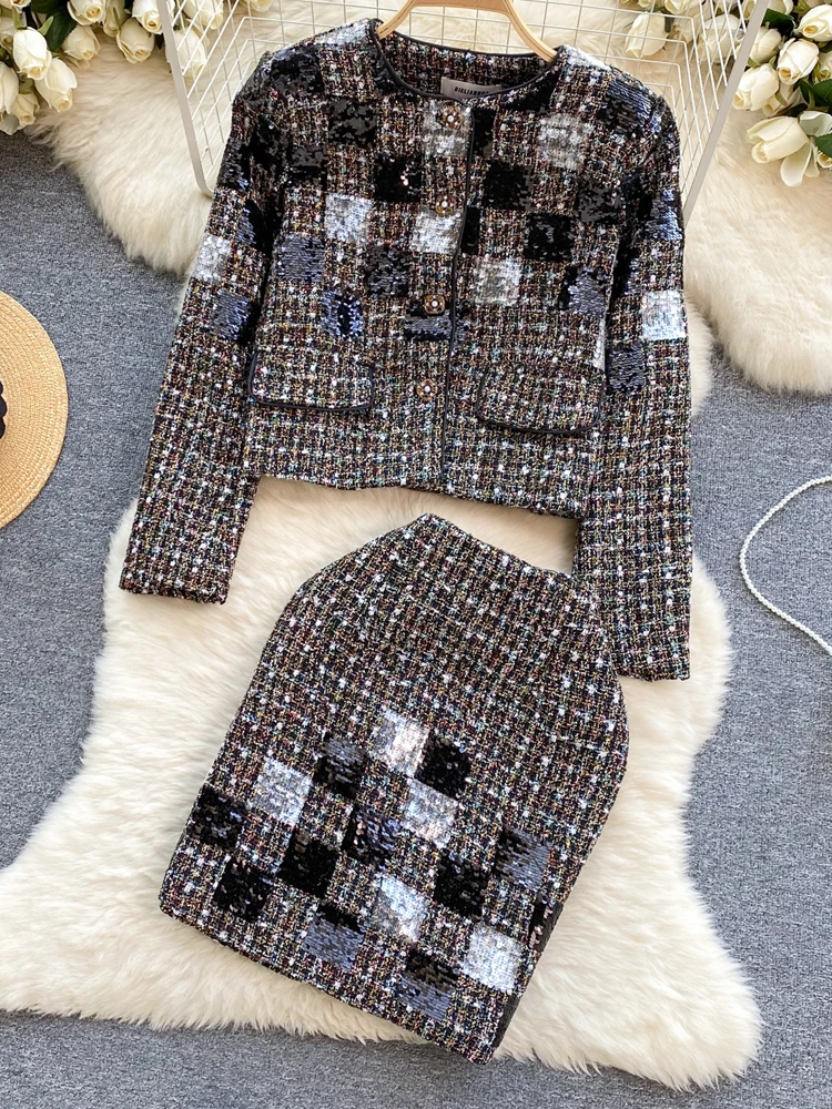 Luxury Plaid Sequined jacket and mini skirt Women's 2 Piece set Evening Single breasted blazer High quality Suit INKEO 4O021