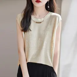 Temperament Summer New Thin Style Ice Silk Women's O-Neck Solid Jacquard Weave Chain Fashion Elegant Sleeveless Loose Knit Tops