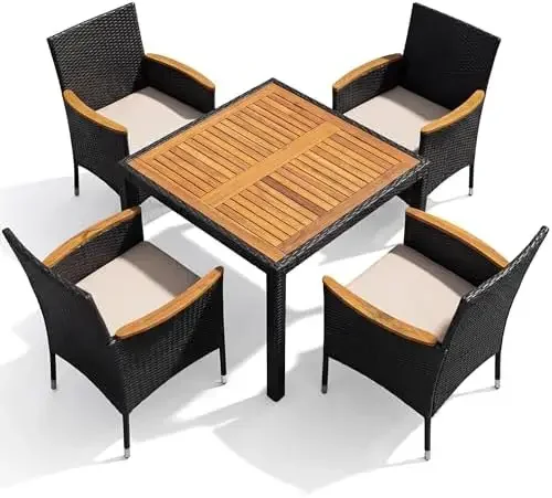 5 PCS Furniture, Patio Conversation Set with Acacia Wood Top, Rattan Outdoor Dining Table and Chairs for Backyard