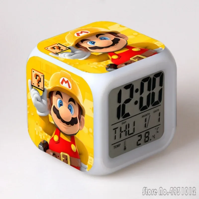 Lindo Anime Super Marie reloj despertador de dibujos animados estudiante creativo 8x8x8cm cubo LED con luz colorida visualización hora semana mes