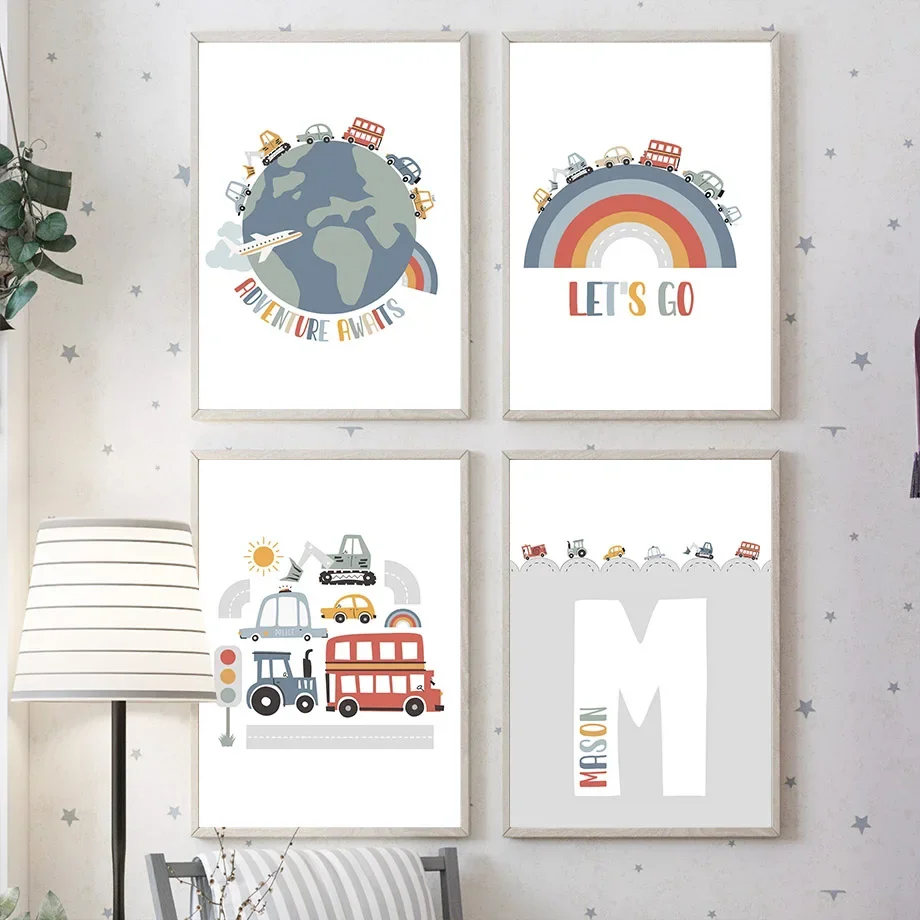 Unframe Canvas Painting Nordic Posters And Prints Earth Car Bus Engineering Vehicle Quote Wall Art Nursery Wall Pictures Kids Ro