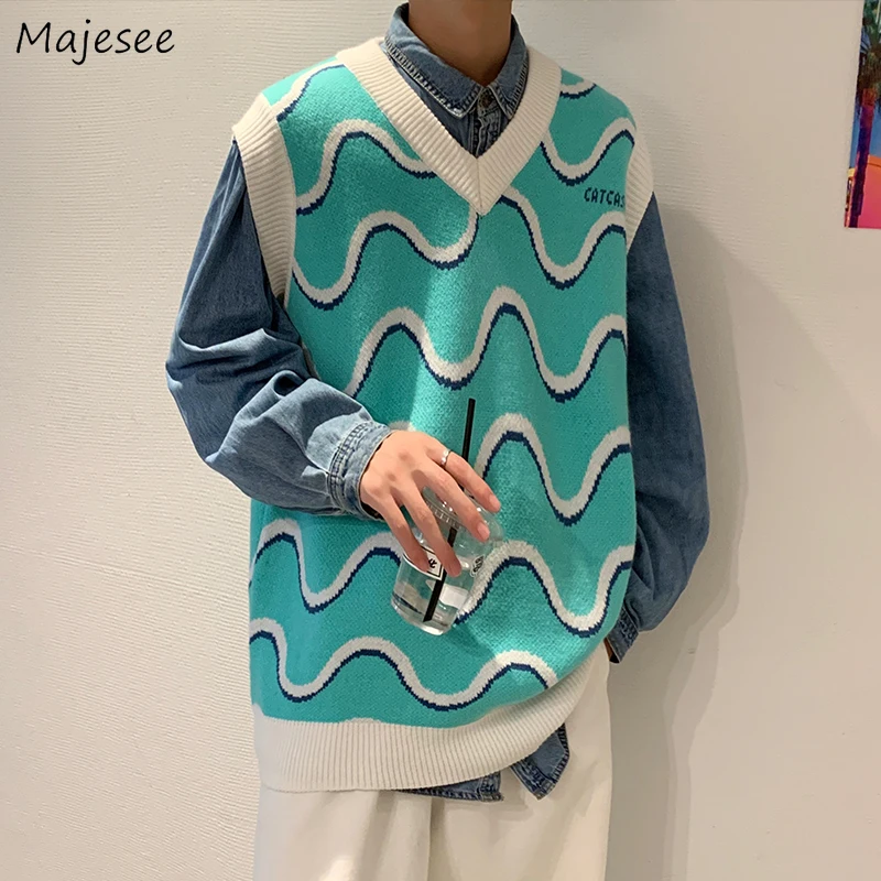 Autumn Warm Sweater Vests Men Wave Patchwork Ins Fashion Knitted Jumpers Couples Simple Chic Designer Loose Ulzzang High Street