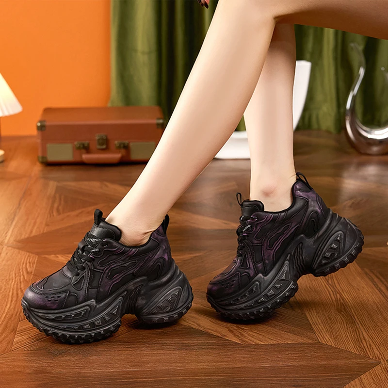 10cm Platform Wedge Sneakers Chunky Genuine Leather Women Spring Shoes New Autumn Winter Walking Sneakers Vulcanize Fashion image 4